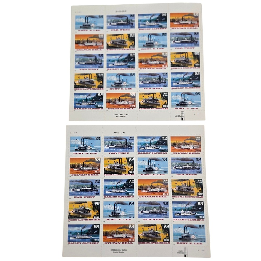 Vintage 1996 USPS Riverboats 32 Cent Stamps Pane Lot of 2 Robt E Lee Ships